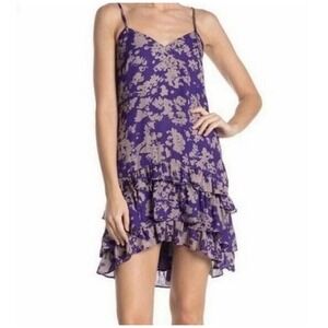 Ramy Brook Ashton Dress Purple Floral Silk Tiered Ruffle Mini Easter Size Large